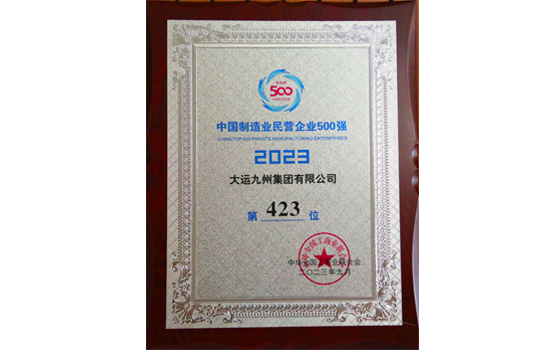 2023年，大運(yùn)集團(tuán)中國制造業(yè)民營企業(yè)500強(qiáng)榮譽(yù)
